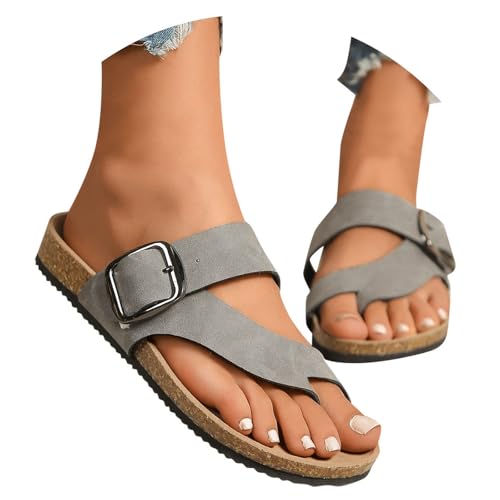 BIBOKAOKE Flip Flops Damen Leder Zehentrenner Modisch Slipper mit Schnallen Weich Flache Hausschuhe Bequem Sommerschuhe Rutschfest Badeschuhe Waschbare Strandschuhe Slip on Slides Pantolette von BIBOKAOKE
