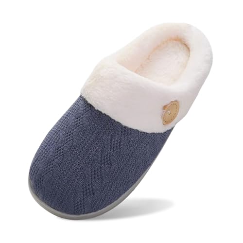BIBOKAOKE Frauen House Hausschuhe Bequeme Memory Foam Plüsch Schlafzimmer Kunstpelz gefüttert gestrickte warme Slip-On leichte Schuhe Indoor Outdoor Anti-Rutsch-Gummisohle Gemütliche von BIBOKAOKE