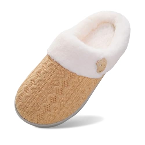 BIBOKAOKE Frauen House Hausschuhe Bequeme Memory Foam Plüsch Schlafzimmer Kunstpelz gefüttert gestrickte warme Slip-On leichte Schuhe Indoor Outdoor Anti-Rutsch-Gummisohle Gemütliche von BIBOKAOKE