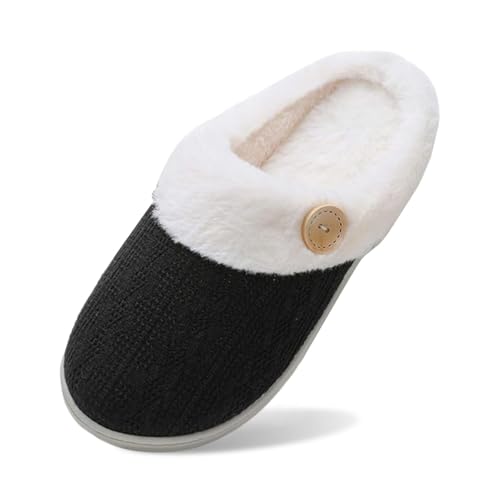 BIBOKAOKE Frauen House Hausschuhe Bequeme Memory Foam Plüsch Schlafzimmer Kunstpelz gefüttert gestrickte warme Slip-On leichte Schuhe Indoor Outdoor Anti-Rutsch-Gummisohle Gemütliche von BIBOKAOKE