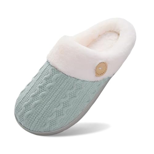 BIBOKAOKE Frauen House Hausschuhe Bequeme Memory Foam Plüsch Schlafzimmer Kunstpelz gefüttert gestrickte warme Slip-On leichte Schuhe Indoor Outdoor Anti-Rutsch-Gummisohle Gemütliche von BIBOKAOKE