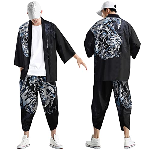 BIBOKAOKE Freizeitanzug Herren Japanisch 3D Druck Cardigan Hosen 2-Teiliges Outfit Loungwear Männer Modisch Baggy Sommer 3/4 Hülse Kimono Strickjacke Heimhose Zweiteiler Hip Hop Streetwear von BIBOKAOKE