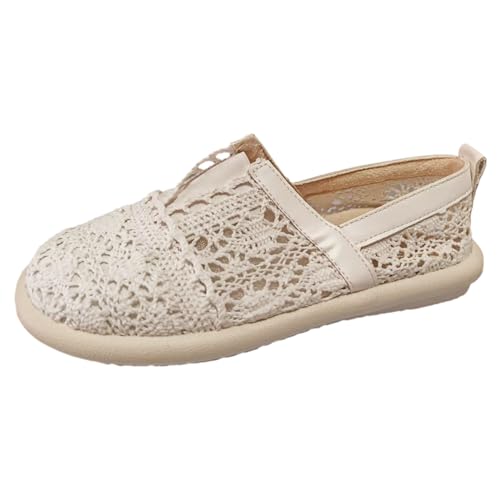 BIBOKAOKE Freizeitschuhe Damen Bestickte Sneaker Spitze Blumen Atmungsaktive Stoffschuhe Elegante Frauen Schnürhalbschuhe Laufschuhe Leicht Freizeit Flache Schuhe Loafer (0223-A-Beige, 40) von BIBOKAOKE