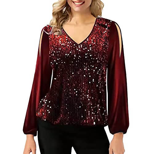 BIBOKAOKE Glitzer Oberteil Damen Elegant Langarmshirt Laternenärmel Festliche Bluse Pailletten Oberteil V-Ausschnitt Tunika Tops Lässiges Pullover Party Blusenshirt Casual Lose Sweatshirt von BIBOKAOKE