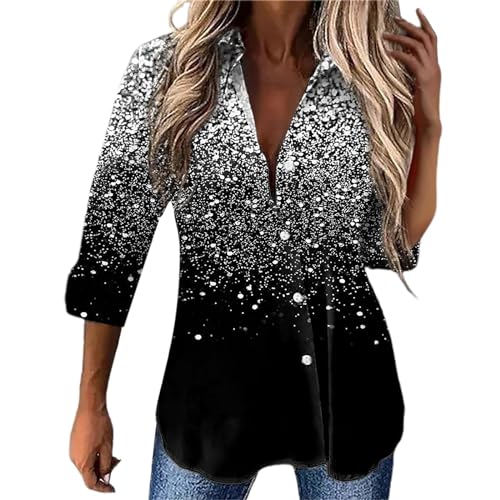 BIBOKAOKE Glitzer Oberteile Damen Elegant Tunika Tops V-Ausschnitt Blusenshirt Pailletten Drucken Hemdbluse Casual Lose Damenblusen Farbverlauf Bluse Tops Knopfleiste Hemd Outwear von BIBOKAOKE