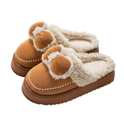BIBOKAOKE Hausschuhe Damen Herren Mit Schleife Winter Plüsch Hausschlappen Rutschfeste Gefüttert Pantoffeln Flauschfutter Kuschelig Filzhausschuhe Indoor Outdoor von BIBOKAOKE