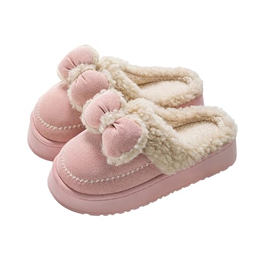 BIBOKAOKE Hausschuhe Damen Herren Mit Schleife Winter Plüsch Hausschlappen Rutschfeste Gefüttert Pantoffeln Flauschfutter Kuschelig Filzhausschuhe Indoor Outdoor von BIBOKAOKE