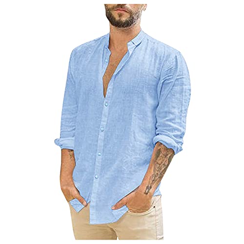 BIBOKAOKE Hemd Herren Langarm Leinenoptik Einfarbig Sommerhemd Dünne Atmungsaktivität Strandhemd Regular Fit Freizeithemd Revers Button Down Arbeitshemd Muscle Strickjacke Langarmhemd von BIBOKAOKE