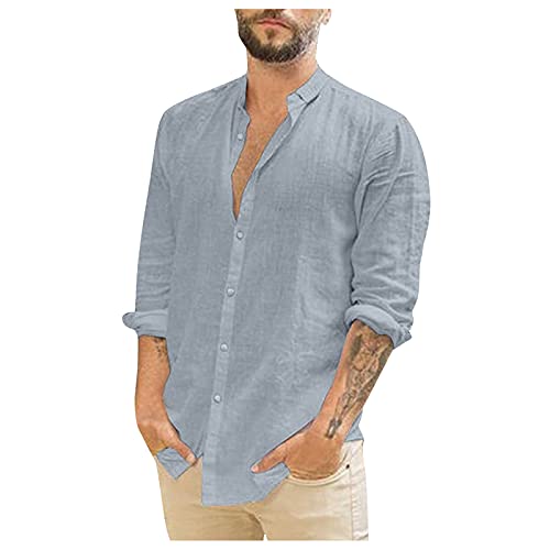 BIBOKAOKE Hemd Herren Langarm Leinenoptik Einfarbig Sommerhemd Dünne Atmungsaktivität Strandhemd Regular Fit Freizeithemd Revers Button Down Arbeitshemd Muscle Strickjacke Langarmhemd von BIBOKAOKE