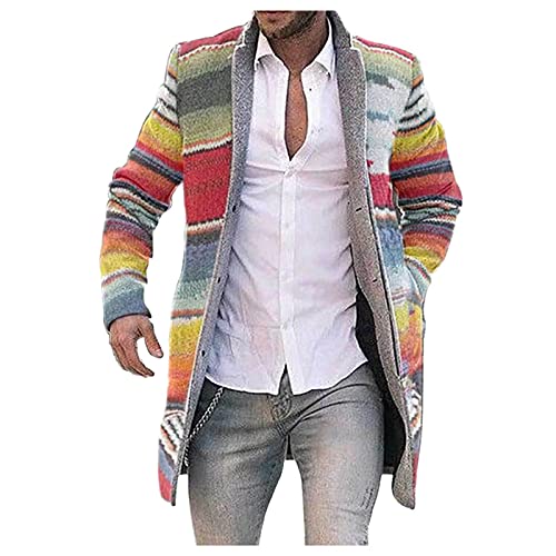 BIBOKAOKE Herren Bunt Gestreiftes Winter Strickjacke Fleece Wintermantel Langarm Warm Cardigan Reverskragen Windbreaker Jacken Schlank Lange Knopf Lässige Mantel Outwear Strickpullover von BIBOKAOKE