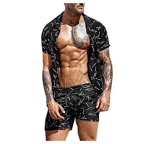 BIBOKAOKE Herren Hawaii 2-Teiliges Sport Sets Sommer Kurzarm Shirts + Kurze Hose Sets Cardigan Herrschsüchtig Mode Druck Strand Zweiteiler Lose Bequeme Fitness Running Sexy Activewear von BIBOKAOKE