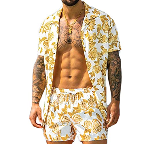 BIBOKAOKE Herren Hawaii 2-Teiliges Sport Sets Sommer Kurzarm Shirts + Kurze Hose Sets Cardigan Herrschsüchtig Mode Druck Strand Zweiteiler Lose Bequeme Fitness Running Sexy Activewear von BIBOKAOKE