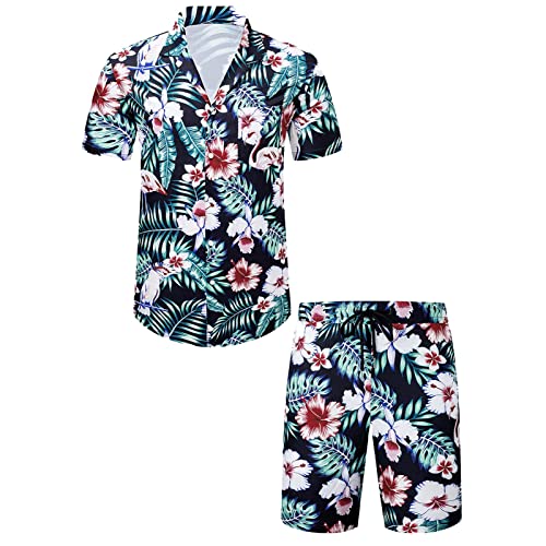 BIBOKAOKE Herren Hemd Shorts Set Hawaii Blumen Bedrucktes Freizeitanzug Mode Floral Stehkragen T-Shirt + Kurze Hose Zweiteiler Sommer Trainingsanzug Jogginganzug Sport Anzug für Coole Männer von BIBOKAOKE