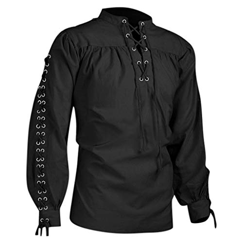 BIBOKAOKE Herren Mittelalter Hemd Gothic Freizeithemd Ethnic Style Vintage Langarmshirt Piratenhemd Elegant Barock Rüschenhemd Kostüm Cosplay Victorian Cross Bandage Schnürhemd Punk Kleidung von BIBOKAOKE