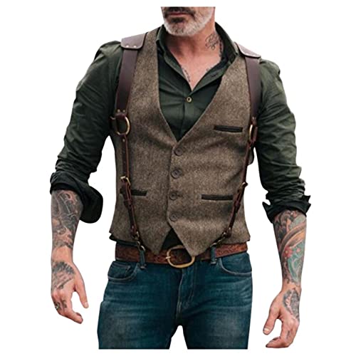 BIBOKAOKE Herren Tweed Anzug Weste Britischer Stil Jagd Jacke mit Knöpfen Riemen Vintage Slim Fit V Ausschnitt Anzugweste Party Fotografie Wandern Anglerweste Vielen Taschen, Braun52, M von BIBOKAOKE