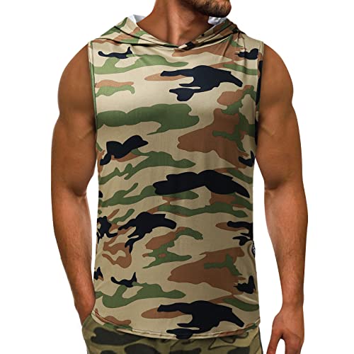 BIBOKAOKE Hoodie Tank Top Herren Sommer Ärmellos T-Shirt mit Kapuze Fashion Camouflage Bedrucktes Sport Shirts Hoody Kurzarm Sweatshirt Workout Sport Fitness Kapuzenpullover Muscle Shirt von BIBOKAOKE