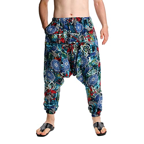 BIBOKAOKE Hosen Herren Haremshose Leinenoptik Sommer Pumphose 3/4 Hip Hop Hosen Mode Bedrucktes Freizeithose Dünne Atmungsaktivität Hawaii Strandhose Arbeitshosen Breite Hosen Fitnesshose von BIBOKAOKE