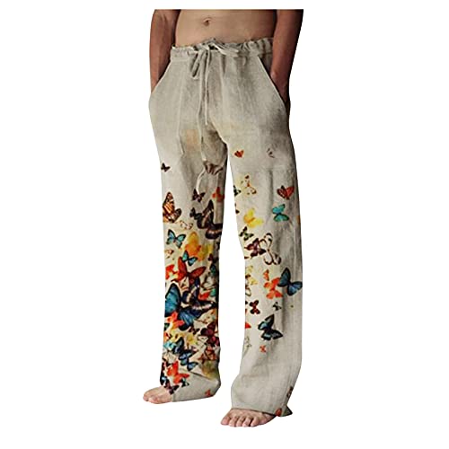 BIBOKAOKE Hosen Herren Leinenoptik Sommerhose Schmetterlinge Bedrucktes Freizeithose Dünne Arbeitshosen Atmungsaktivität Breite Hosen Loose Strandhose mit Seitentaschen Leichte Männer Hose von BIBOKAOKE