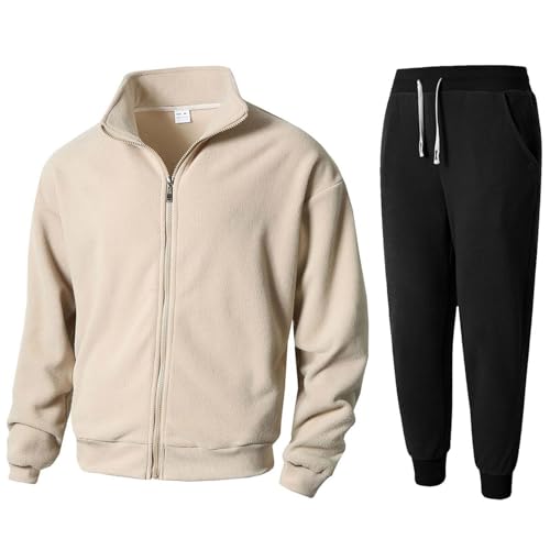 BIBOKAOKE Jogginganzug Herren Winter Regular Stehkragen Slim Fit Warme Langarm Zip Up Ohne Kapuze Freizeit Einfarbig Cardigan Jacke mit Taschen 2-teilig Langarm und Lang Hose Set von BIBOKAOKE