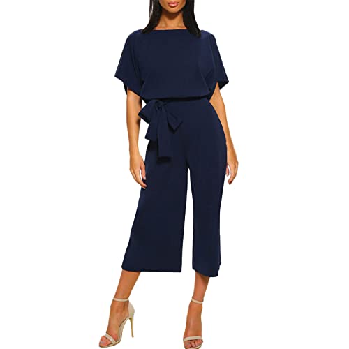 BIBOKAOKE Jumpsuit Damen Elegant Hosenanzug Rundhals Kurzarm Lang Overall O-Ausschnitt Playsuit Sexy Hohe Taille Hosen mit Gürtel Breites Bein Romper für Frauen Business Festlich Spielanzug von BIBOKAOKE