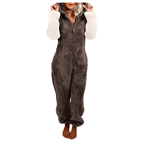 BIBOKAOKE Jumpsuit Damen Kuschelig Teddy Fleece Schlafanzug Einteiler Winter Warm Onesie Lang Schlafoverall Pyjama Bequem und Weich Ganzkörperanzug Flauschig Hausanzug mit Kapuze Homewear von BIBOKAOKE