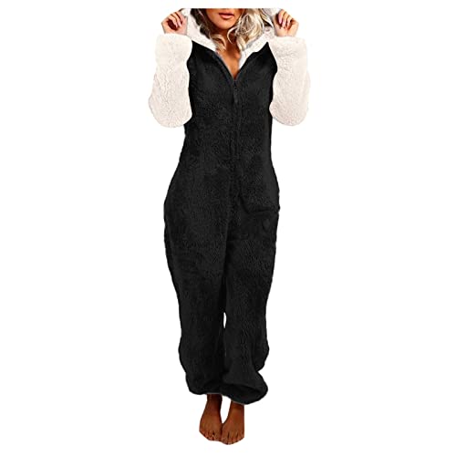 BIBOKAOKE Jumpsuit Damen Teddy Fleece Einteiler Overall Flauschig Schlafanzug Winter Warm Onesie Plüsch Kuschelig Schlafoverall Farbblock Hausanzug Weich Pyjama mit Kapuze Ganzkörperanzug von BIBOKAOKE