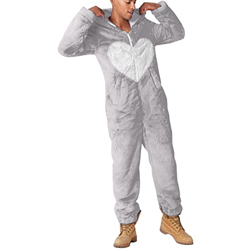 BIBOKAOKE Jumpsuit Herren Kuschelig Schlafanzug, Jumpsuit Onesie mit Kapuze Fleece Overall Pyjama Langarm Hoodies Loungewear Einteiler Homewear Schlafoverall Nachtwäsche Männer Strampler von BIBOKAOKE