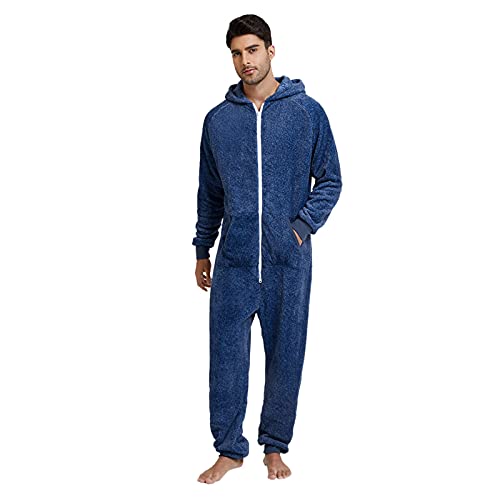 BIBOKAOKE Jumpsuit Herren Mode Camouflage Fleece Einteilige-Schlafanzüge Onesie Schlafoveralls Loose Casual Warm Nachtwäsche Mit Kapuze Reißverschluss MännerPlaysuit Pyjamas Strampelanzug Blau58 XL von BIBOKAOKE