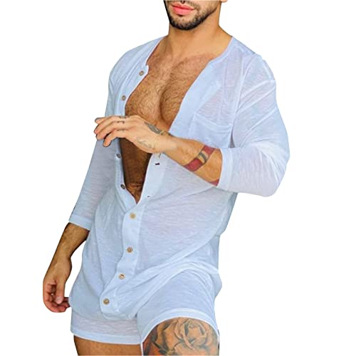 BIBOKAOKE Jumpsuit Herren Sommer kurz Anzug Overall Loose Atmungsaktiv Einreihig Freizeitanzug Onesie Shorts Einteiler Sport Jogging Anzug One-Piece Kleiderknopf Schlafanzug Streetwear von BIBOKAOKE