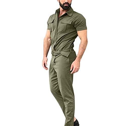 BIBOKAOKE Jumpsuits Herren Einfarbig Kurzarm Cargo Overalls Lässige Loose Arbeitslatzhose Knopf Arbeitskleid mit vielen Taschen Dünne Atmungsaktivität Lange Jumpsuit Arbeitshosen Streetwear von BIBOKAOKE