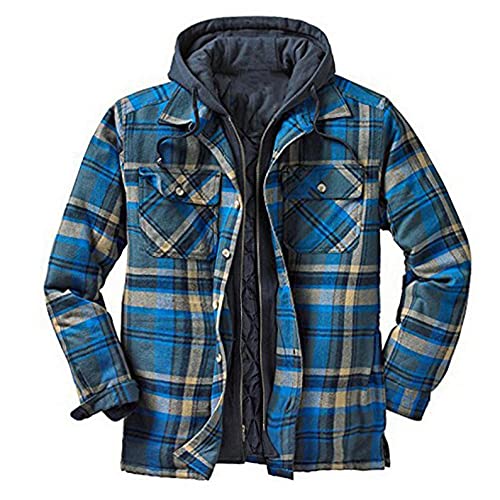 BIBOKAOKE Kariert Winterhemd Herren Ubergangsjacke Kapuzenjacke mit abzippbarer Kapuze: Dickeshemd Winddicht Thermohemd Outdoorjacke Warm Winterjacke Herbst Winter Baumwolljacke Sport Freizeitjacke von BIBOKAOKE