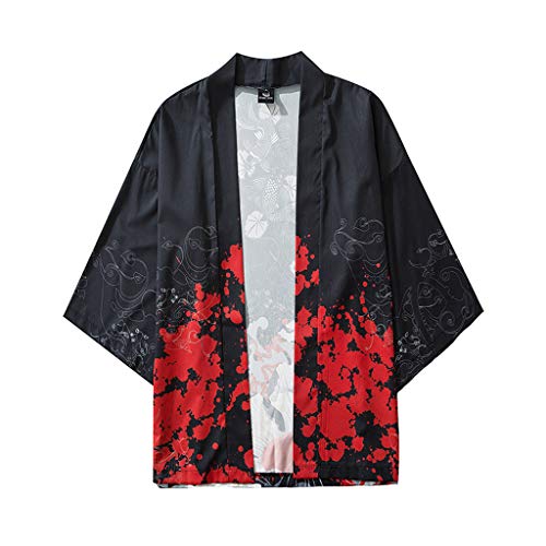 BIBOKAOKE Kimono Herren Japanisch Druck Lose Cardigan Kurzarm Sommer 3/4 Hülse Kimono Funky Bunte National Print Japanische Kleidung Bademäntel Nachthemd Strandhemd T-Shirt Baggy Tops von BIBOKAOKE