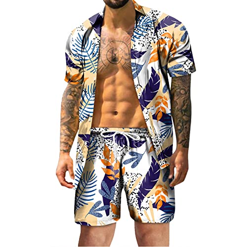 BIBOKAOKE Kurz Schlafanzug Herren Hawaii Bedrucktes Freizeitanzug Hemd Shorts Pyjama Set Sleepwear Männer Sommer Nachtwäsche T-Shirt + Kurze Hose Zweiteiler Loungwear Hausanzug (07261-White, M) von BIBOKAOKE