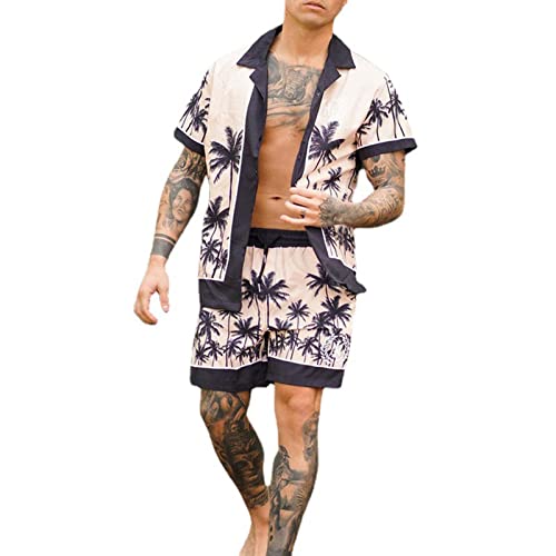 BIBOKAOKE Kurz Schlafanzug Herren Hawaii Bedrucktes Freizeitanzug Hemd Shorts Pyjama Set Sleepwear Männer Sommer Nachtwäsche T-Shirt + Kurze Hose Zweiteiler Loungwear Hausanzug Sommeranzug von BIBOKAOKE