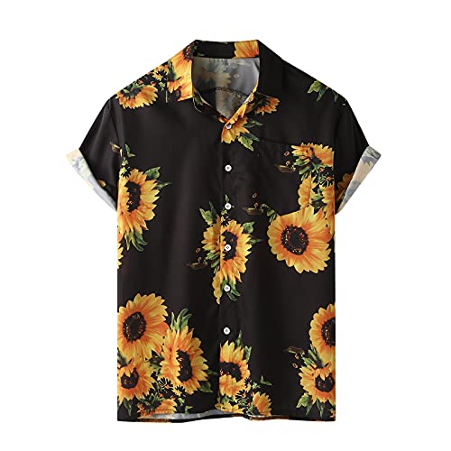 BIBOKAOKE Kurzarmhemden Herren klassisch Sonnenblume Bedrucktes Strandhemd Revers Button Down Henley Shirts Loose Loose Atmungsaktiv Sommer Freizeithemd Kurzarm Alltag Arbeitshemd T-Shirt von BIBOKAOKE