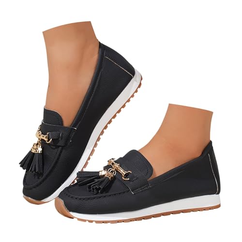 BIBOKAOKE Loafer Damen Schuhe aus Leder flache lässige Damenslipper mit Quastenweben bequeme Halbschuhe mit niedrigem Keilabsatz Arbeitsschuhe Einfarbige Freizeitschuhe Leicht Walkingschuhe von BIBOKAOKE