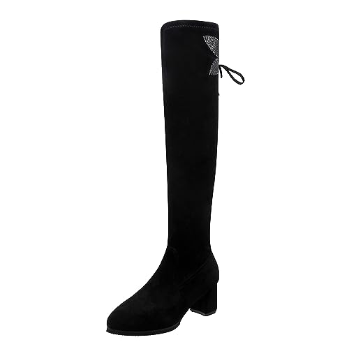 BIBOKAOKE Overknees Stiefel Damen Sexy Lace Spitze Langschaftstiefel Elegant Frauen Kniehohe Stiefel mit Blockabsatz Schnürstiefel Warm Winterstiefel Bequeme Hohe Stiefel (0221-A-Black, 42) von BIBOKAOKE