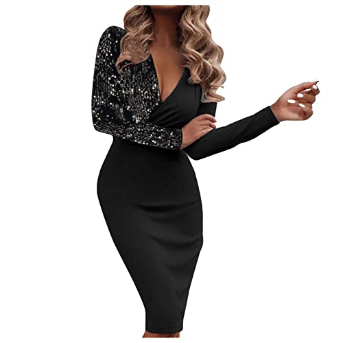 BIBOKAOKE Pailettenkleider für Damen Sexy V-Ausschnitt Midikleid, Glitzerkleid Damen Partykleid Langarm Blusenkleid Festliche Kleider Elegant Cocktailkleid Bodycon Wickelkleid Abendkleider von BIBOKAOKE