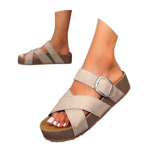 BIBOKAOKE Plateau Sandalen Damen Weich Slipper mit Querriemen Bequem Sommerschuhe Flache Pantolette Slip on Schlappen Freizeit Hausschuhe Weite Strandschuhe Leicht Slides Walkingschuhe für Zuhause von BIBOKAOKE