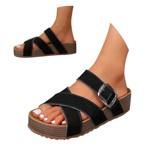 BIBOKAOKE Plateau Sandalen Damen Weich Slipper mit Querriemen Bequem Sommerschuhe Flache Pantolette Slip on Schlappen Freizeit Hausschuhe Weite Strandschuhe Leicht Slides Walkingschuhe für Zuhause von BIBOKAOKE