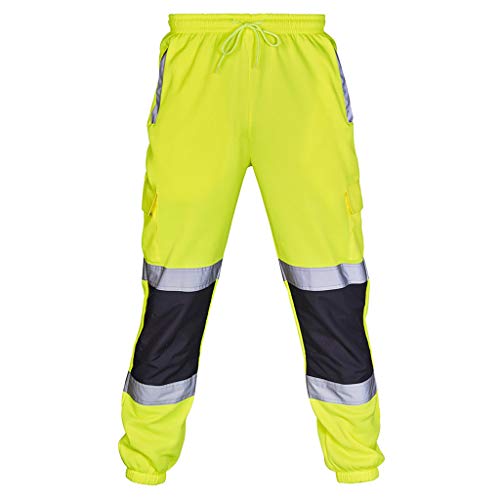 BIBOKAOKE Reflektierend Hosen Herren Sicherheit Arbeitshose Multi-Pocket Sicherheitshose Arbeitskleidung Warnschutzhose Warn Rangerhose Gelb Orange Reflektionsstreifen Nachtlauf Jogginghose von BIBOKAOKE