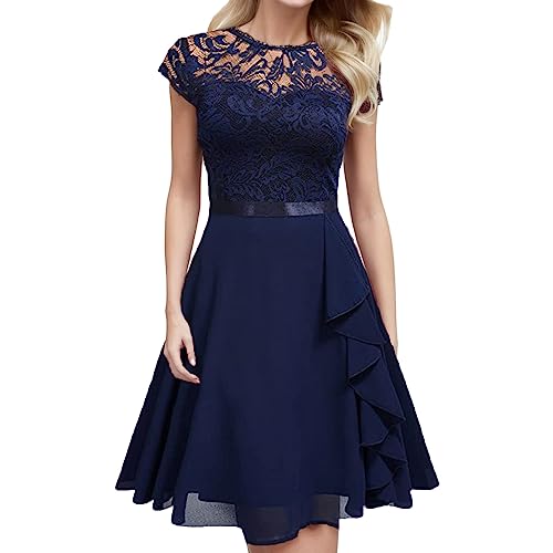 BIBOKAOKE Rockabilly Kleider Damen Abendkleid Lang Elegant für Hochzeit Langarm Cocktailkleid Vintage Spitzenkleid High Waist A-Linie Kleid Swing Kleid Knielang Festliche Kleider Partykleid von BIBOKAOKE