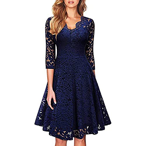 BIBOKAOKE Rockabilly Kleider Damen Abendkleid Lang Elegant für Hochzeit Langarm Cocktailkleid Vintage Spitzenkleid High Waist A-Linie Kleid Swing Kleid Knielang Festliche Kleider Partykleid von BIBOKAOKE