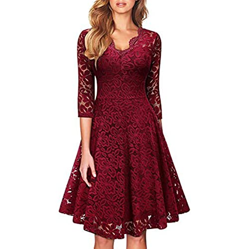 BIBOKAOKE Rockabilly Kleider Damen Abendkleid Lang Elegant für Hochzeit Langarm Cocktailkleid Vintage Spitzenkleid High Waist A-Linie Kleid Swing Kleid Knielang Festliche Kleider Partykleid von BIBOKAOKE