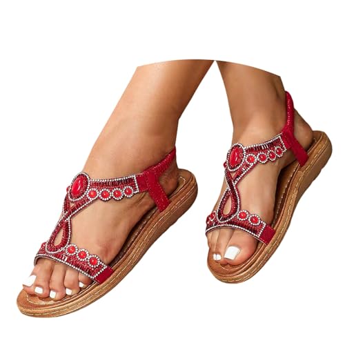 BIBOKAOKE Sandalen Damen Sommer Boho Flache Sandalen mit Glitzer Strass Sexy Sommerschuhe mit Weich Sohlen und Gummiband Bequem Strandschuhe Rutschfest Badeschuhe Elegant Damenschuhe für Partys von BIBOKAOKE