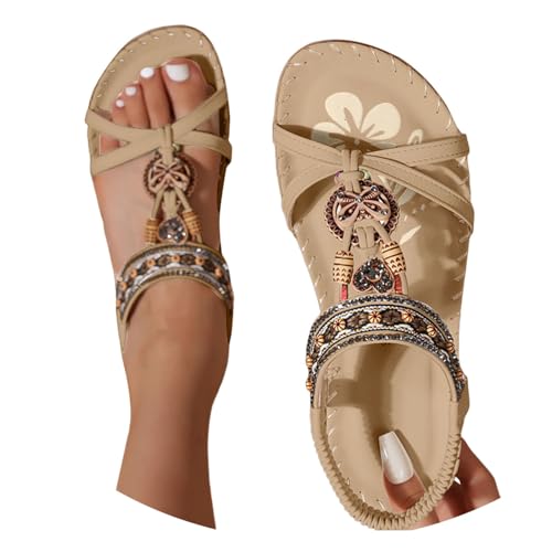 BIBOKAOKE Sandalen Damen Sommer Boho Orthopädische Schuhe Elegant Sommerschuhe Freizeit Flache Strandschuhe Leicht Walkingschuhe Wasserdicht Fitnessschuhe mit Gummiband Hausschuhe Weich Lederschuhe von BIBOKAOKE