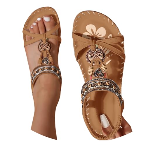 BIBOKAOKE Sandalen Damen Sommer Boho Orthopädische Schuhe Elegant Sommerschuhe Freizeit Flache Strandschuhe Leicht Walkingschuhe Wasserdicht Fitnessschuhe mit Gummiband Hausschuhe Weich Lederschuhe von BIBOKAOKE