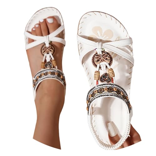 BIBOKAOKE Sandalen Damen Sommer Boho Orthopädische Schuhe Elegant Sommerschuhe Freizeit Flache Strandschuhe Leicht Walkingschuhe Wasserdicht Fitnessschuhe mit Gummiband Hausschuhe Weich Lederschuhe von BIBOKAOKE