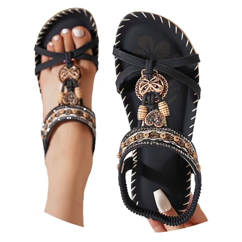 BIBOKAOKE Sandalen Damen Sommer Boho Orthopädische Schuhe Elegant Sommerschuhe Freizeit Flache Strandschuhe Leicht Walkingschuhe Wasserdicht Fitnessschuhe mit Gummiband Hausschuhe Weich Lederschuhe von BIBOKAOKE