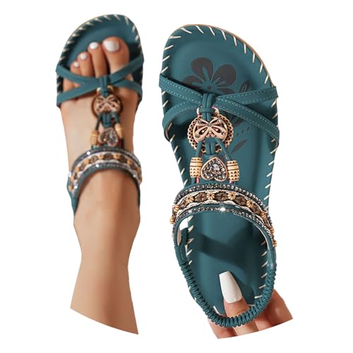 BIBOKAOKE Sandalen Damen Sommer Boho Orthopädische Schuhe Elegant Sommerschuhe Freizeit Flache Strandschuhe Leicht Walkingschuhe Wasserdicht Fitnessschuhe mit Gummiband Hausschuhe Weich Lederschuhe von BIBOKAOKE